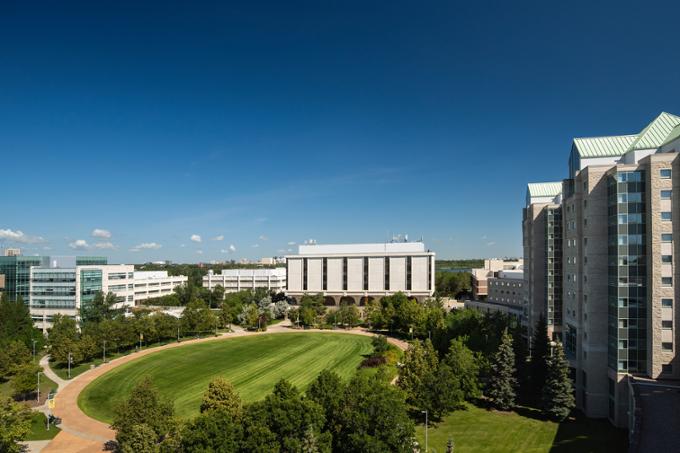 Wide shot of the academic green at the University of Regina