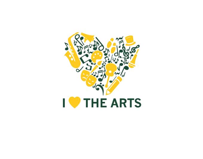 I heart the arts logo where music notes and artist tools form the shape of a heart.