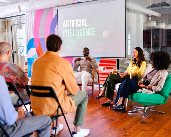 A seminar being taught to a group of people