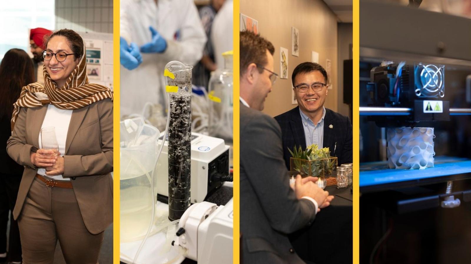 Four close-up images side by side of research equipment and researchers