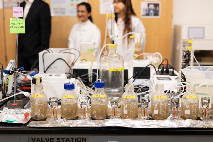 Five test tubes connected with bubbling liquid in science lab