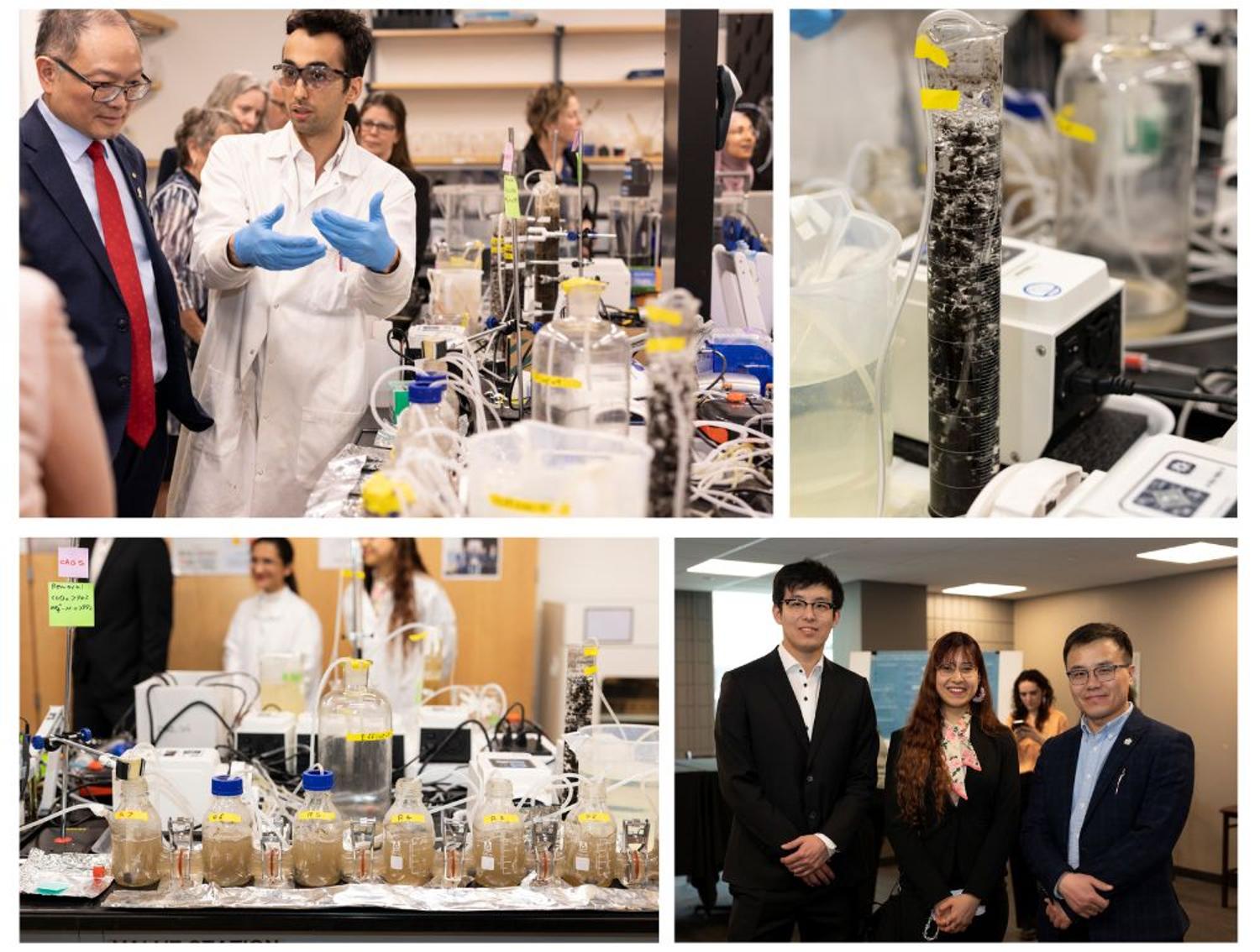 Four images of grad students presenting their research in the lab