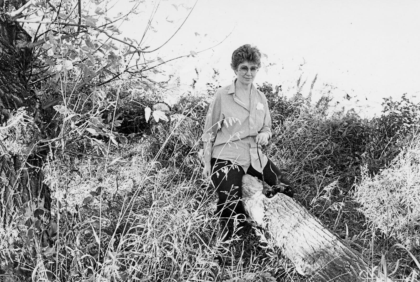 Woman sits on tree branch in prairie field.
