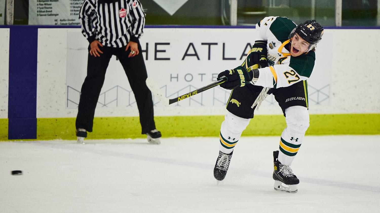 Student-athlete Brennan Riddle, BBA’23, played for the University of Regina Cougar Men’s Hockey team. Photo credit: University of Regina Photography.