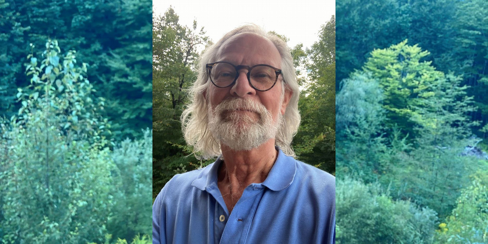Man stands outside with collage of a forest behind him.