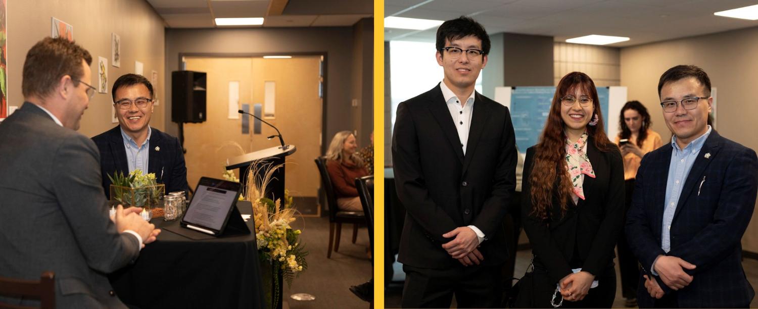 Photo collage of two men in an interview and one of a researcher with his graduate students