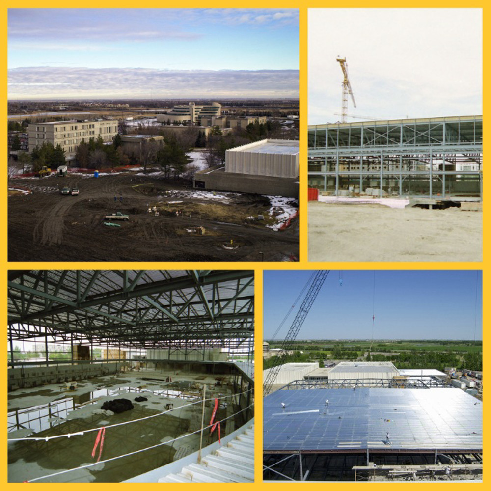 Collage of four pictures depicting progress of large building construction