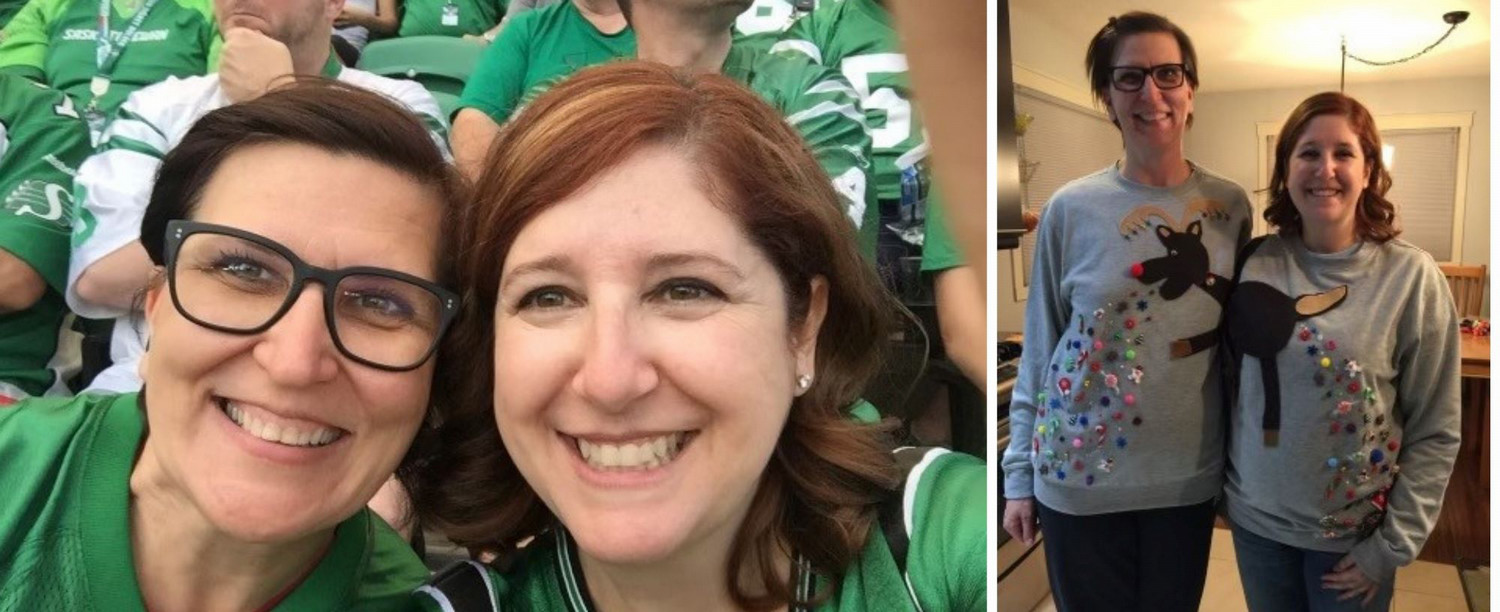 Two picture collage of two friends smiling