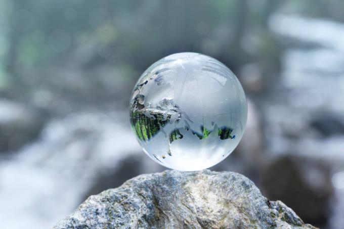A glass globe outside in the woods.
