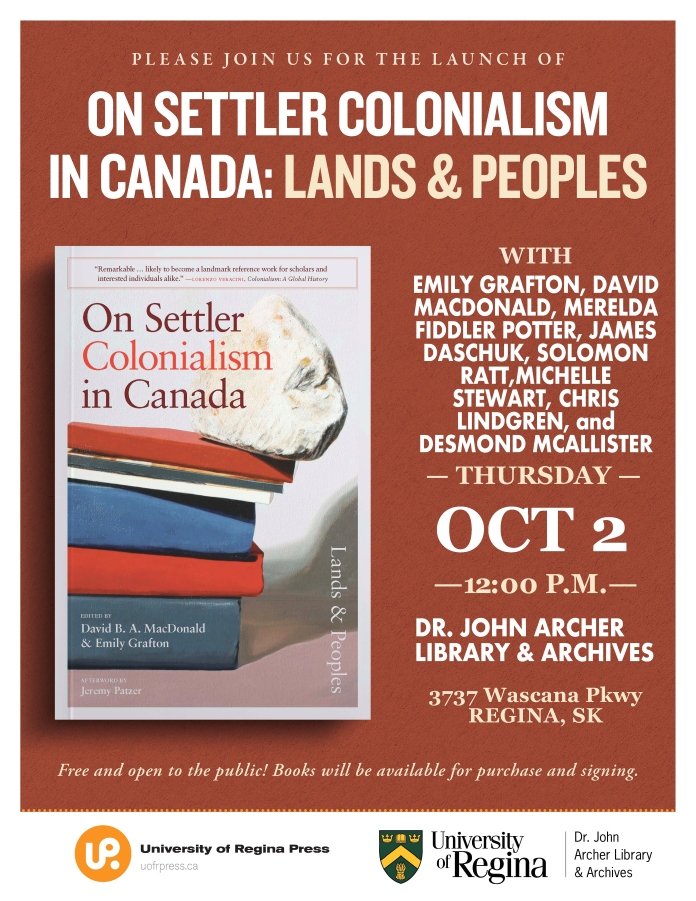 Poster for the event. The book is titled On Settler Colonialism in Canada: Lands and People. Free and open to the public. Books will be available for purchase and signing.