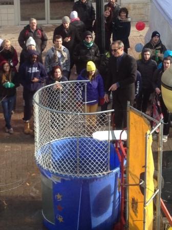 Dean Andrew Gaudes prepares to get dunked into an ice cold pool of water at the JDC West Chillin' for Charity fundraiser on November 6