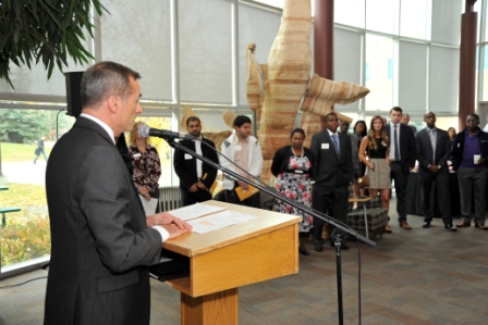 Dean Andrew Gaudes congratulates students at the Fall Convocation Celebration on October 17.