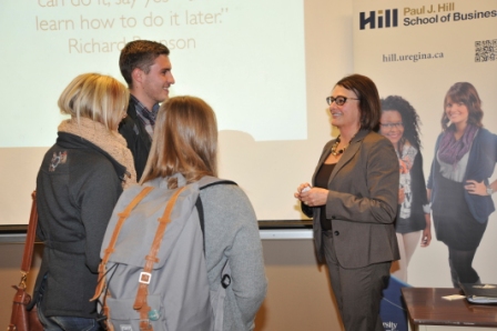 Pam Klein, President of Phoenix Group, mingles with students after her Insight Presentation on October 21.