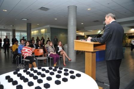 Dean Andrew Gaudes addresses the group at the Hill Legacy Pinning Ceremony on January 24.