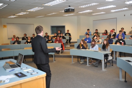 Randy Linton addresses a room full of Grade 11 and 12 students at the annual “What is Business Admin” event on December 5. The annual event hosted by the Hill School gives students a taste of what it is like to be a business student.