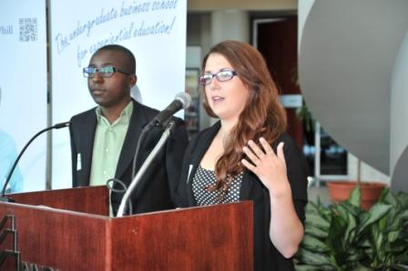 Business Students’ Society President, Jeanna Kozan, and VP Finance, Masonga Chipanshi, address the room at the inaugural Hill Legacy Pinning Ceremony on September 20.  The BSS funded the purchase of the Hill Legacy Pins.