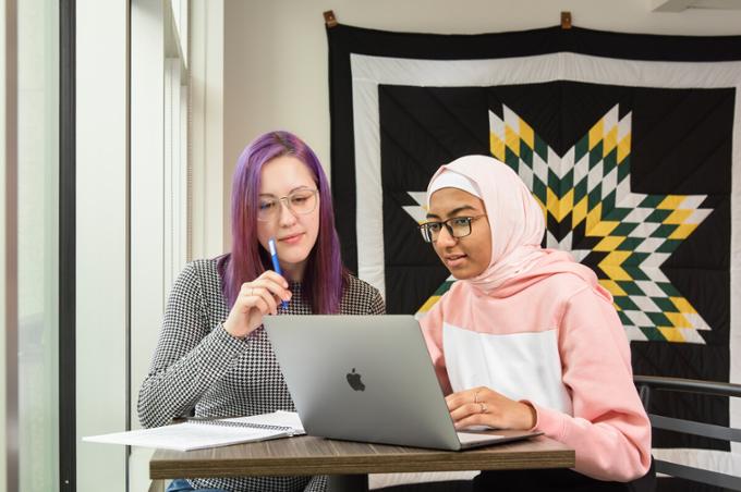 Two students working on computer