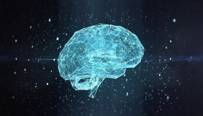 Glowing digital brain representing AI, made of network lines with floating data on a dark background.