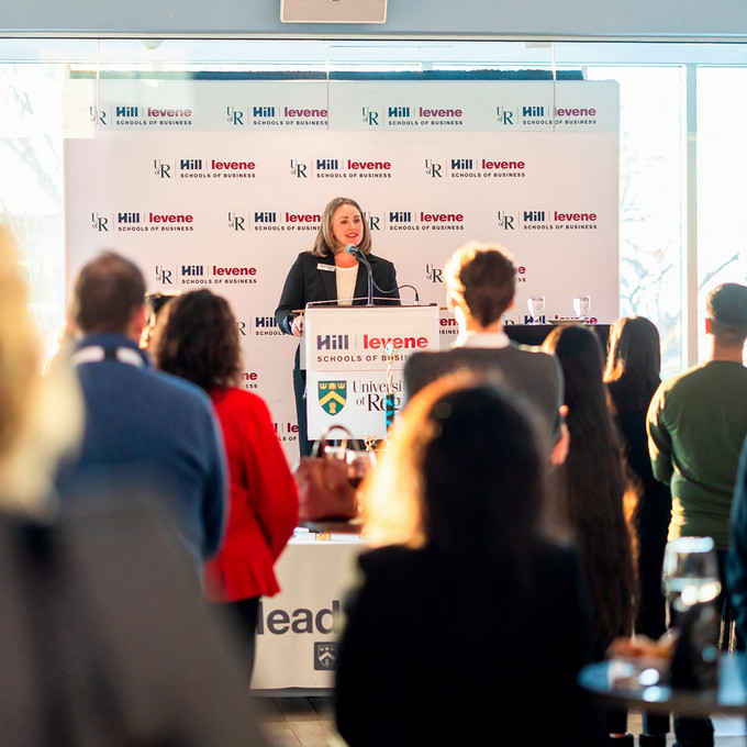erin oldford addressing students and community leaders