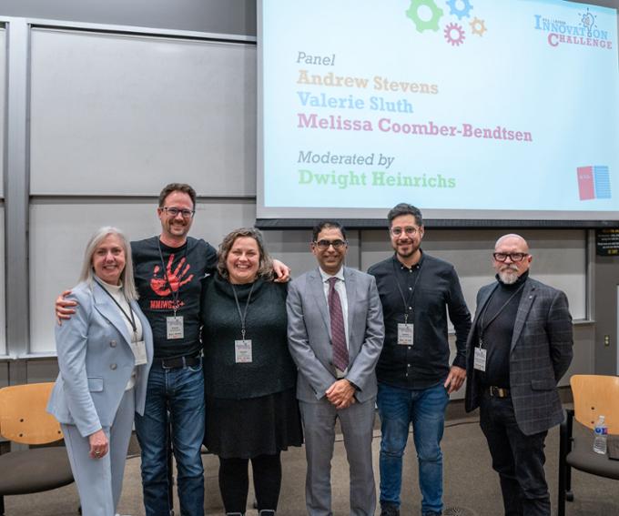 All the speakers from the kick off pose for a picture. From left to right, Valerie Sluth, Andrew Stevens, Melissa Coomber-Bendtsen, Saqib Khan, Victor Roman Morrow, and Dwight Heinrichs.