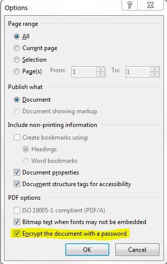Password options for Word PDF Creation