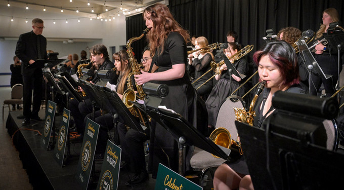 a large student band performing