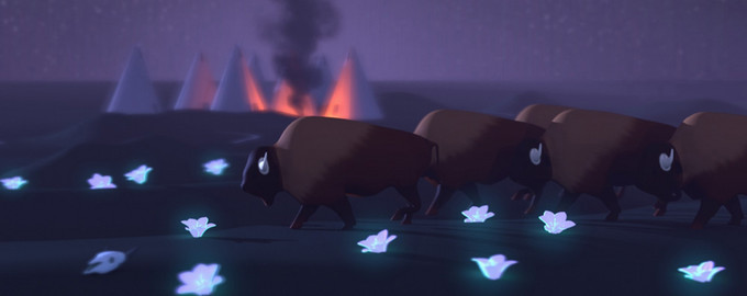 an AR image of a bison and tipis