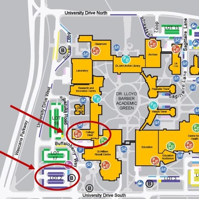 Map to College West and Lot 2 parking. 