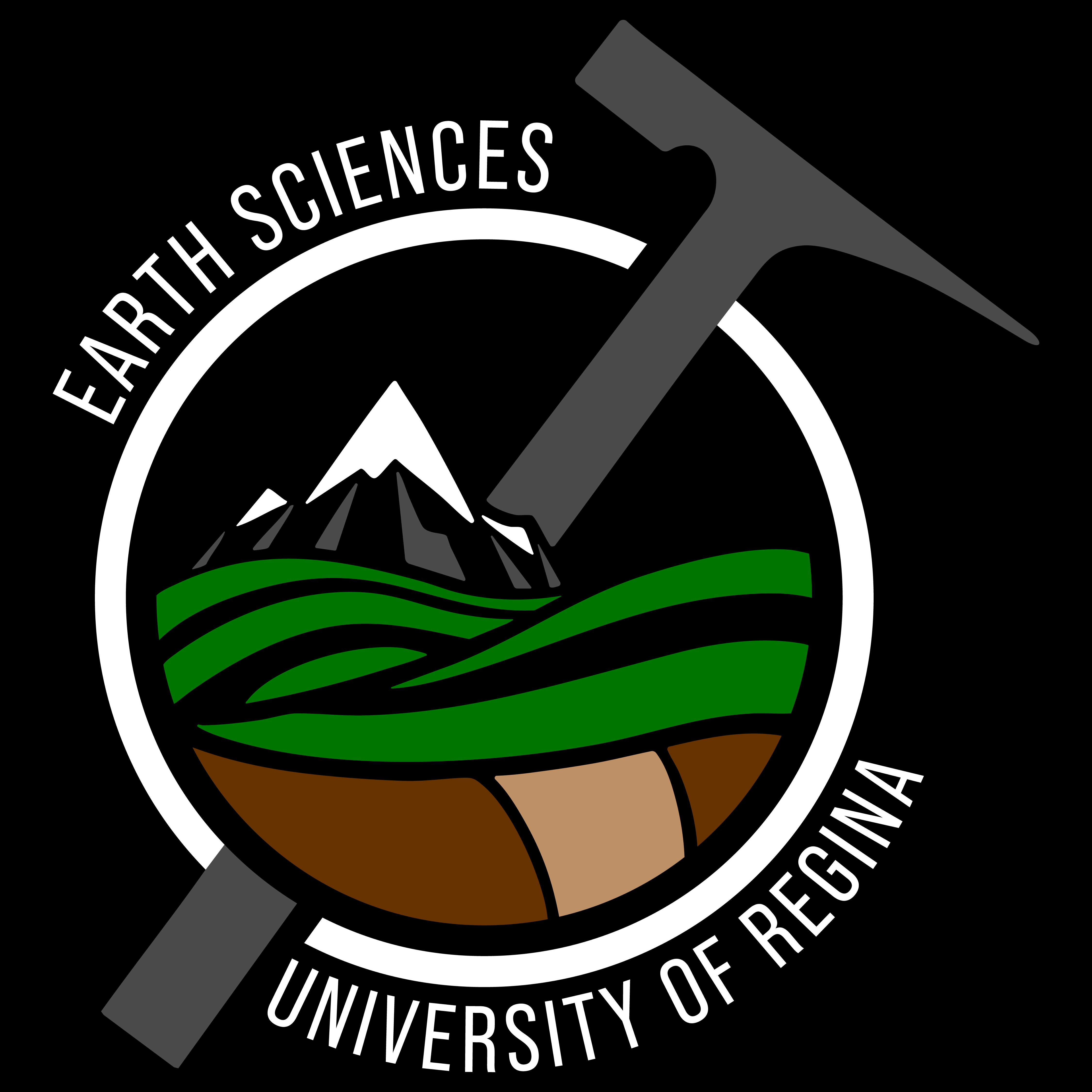 Department of Earth Sciences Logo - rock hammer over a landscape