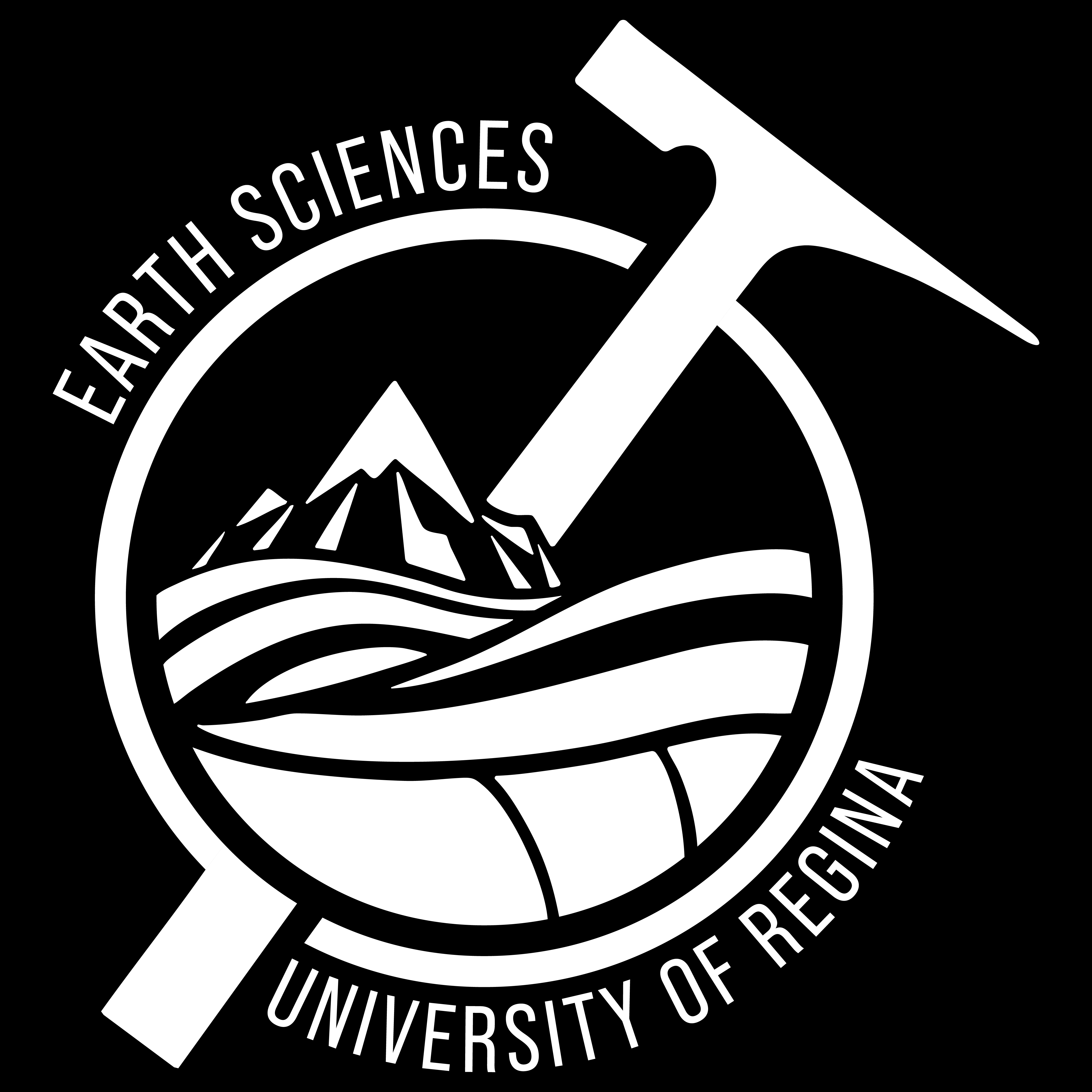Department of Earth Sciences Logo - rock hammer over a landscape