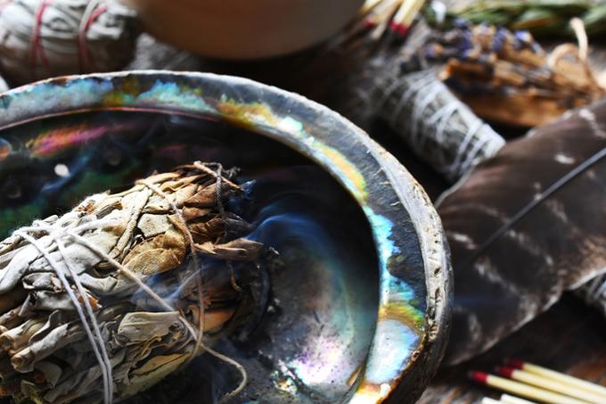 Smudge burning in a container.