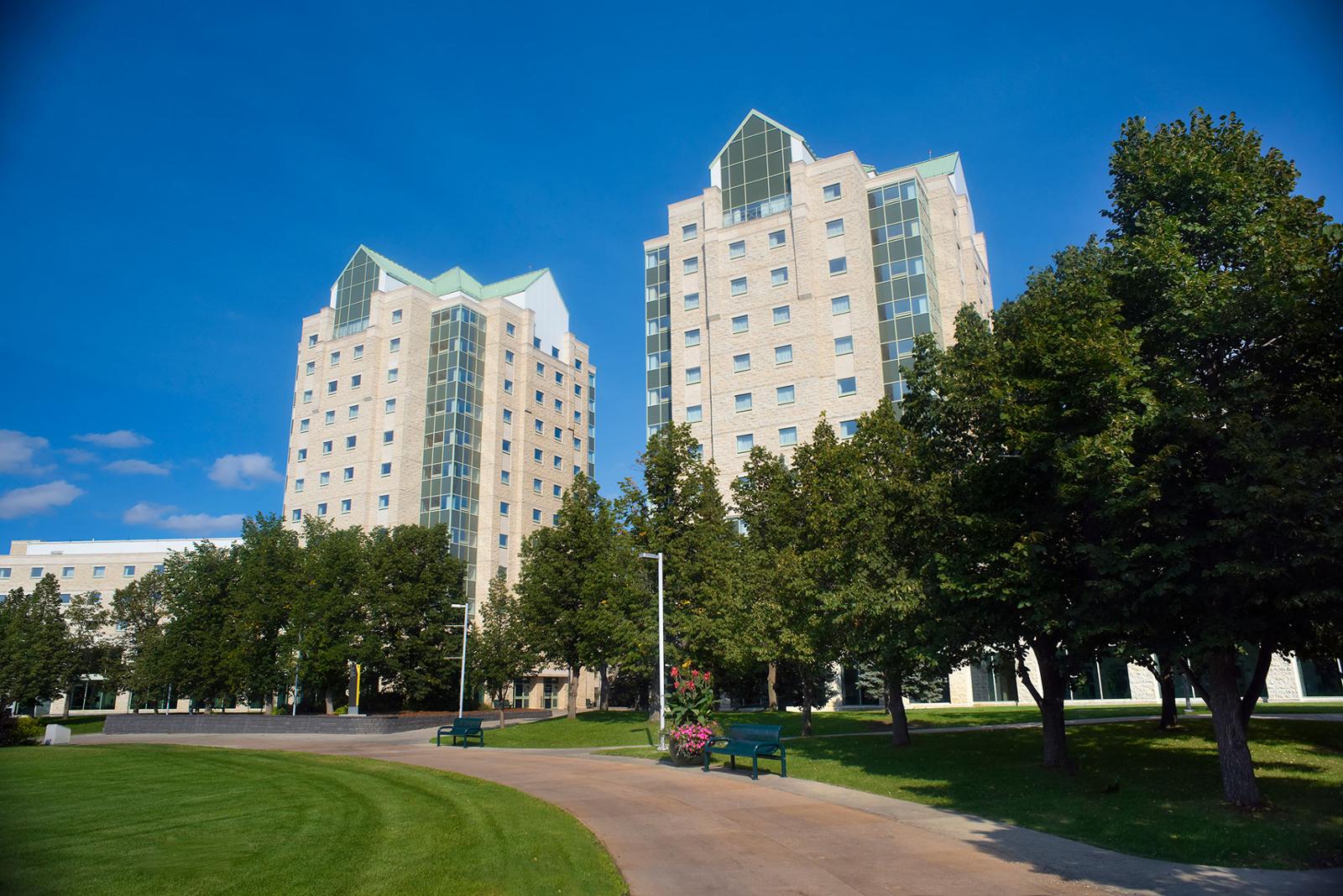 U of R residence towers on a sunny summer day.