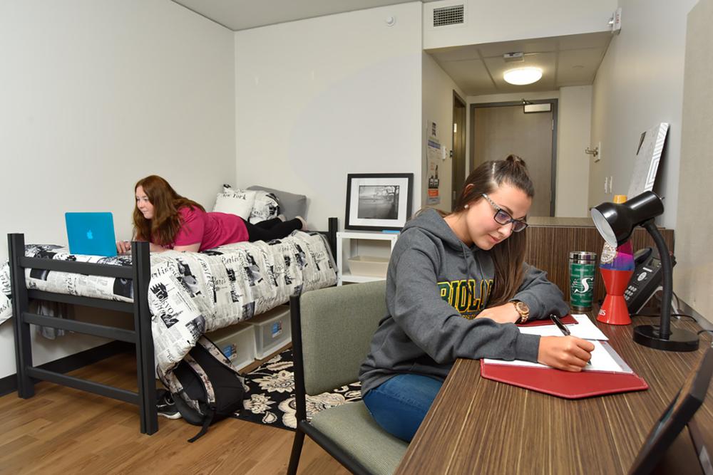 Two students studying together in their dorm room on campus.