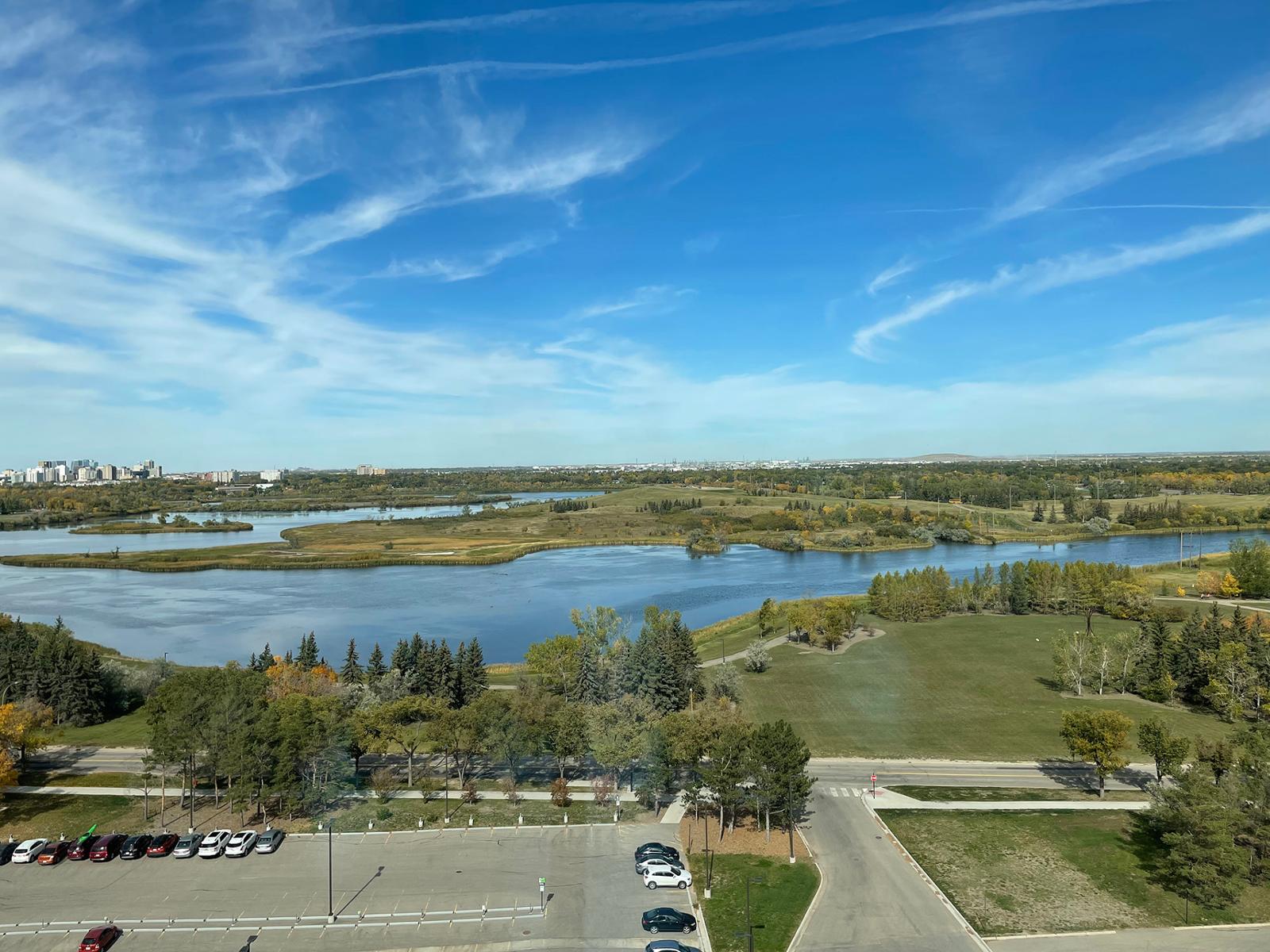 A wide shot of the U of R campus on a summer day