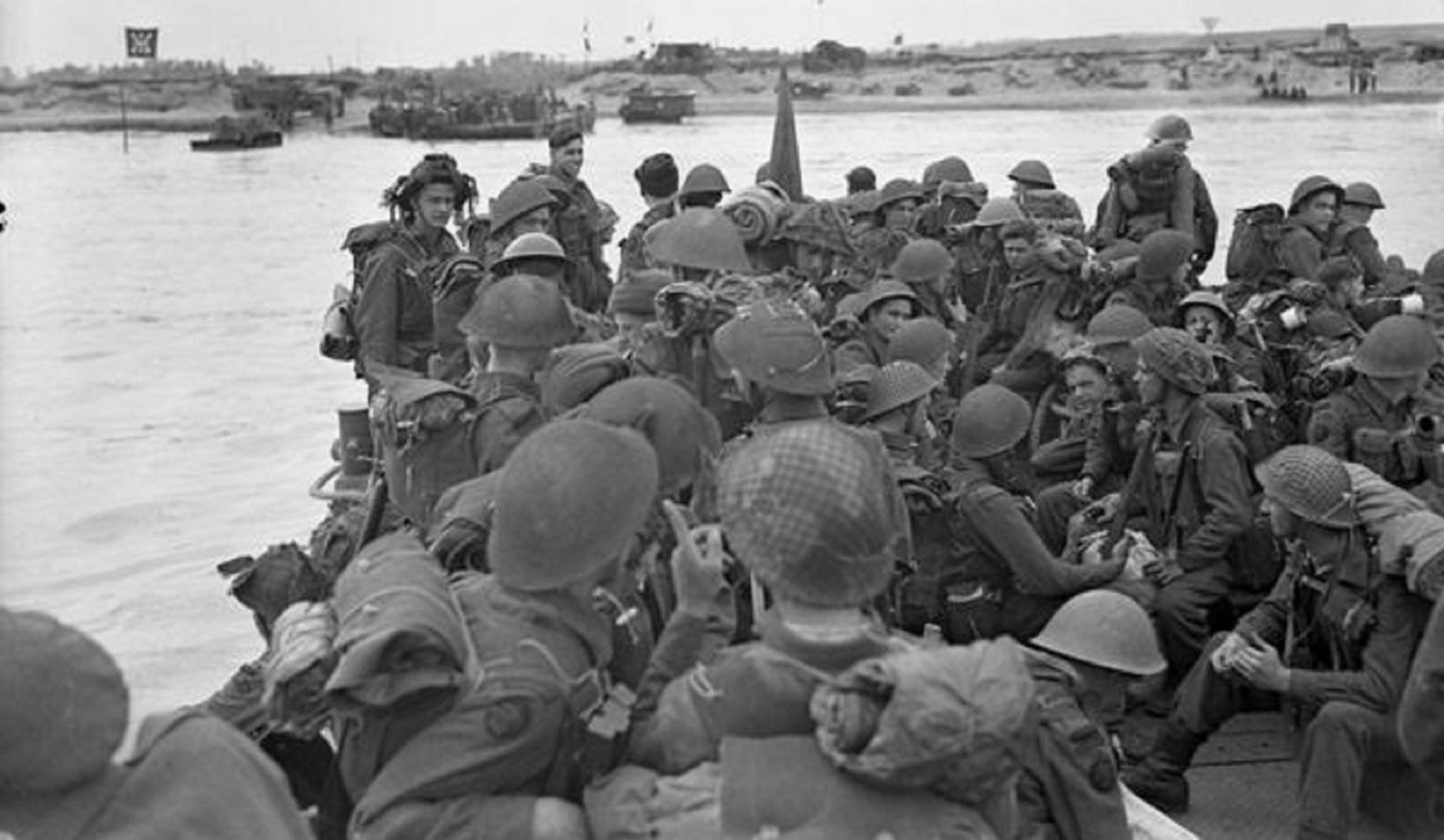 A landing craft full of infantrymen approaches Juno Beach on D-Day.