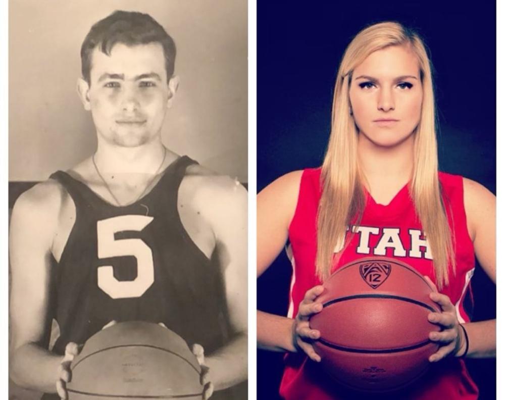 Photo collage of a young Gordon Wicijowski in his basketball uniform beside a photo of his granddaughter and basketball star Taryn Wicijowski.