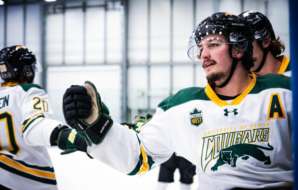 Two men hockey players from opposite teams chase a puck on an indoor hockey rink.