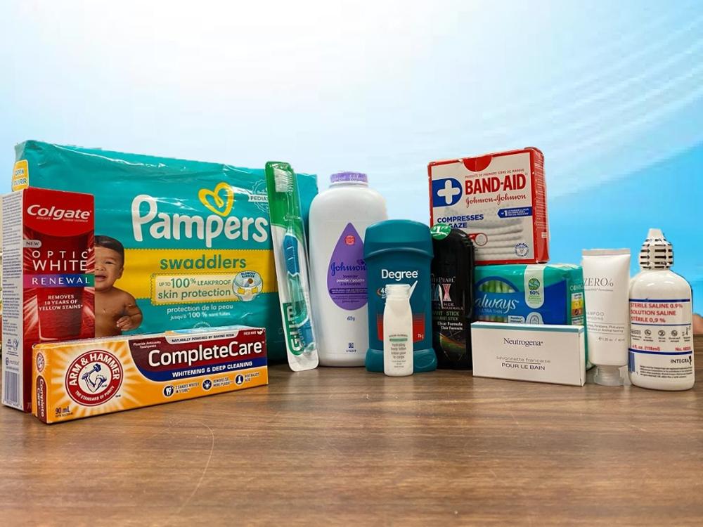 A grouping of personal hygiene items sitting on a table.