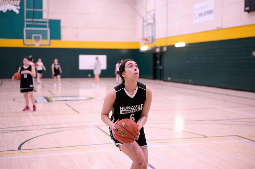 a basketball player preparing to shoot.