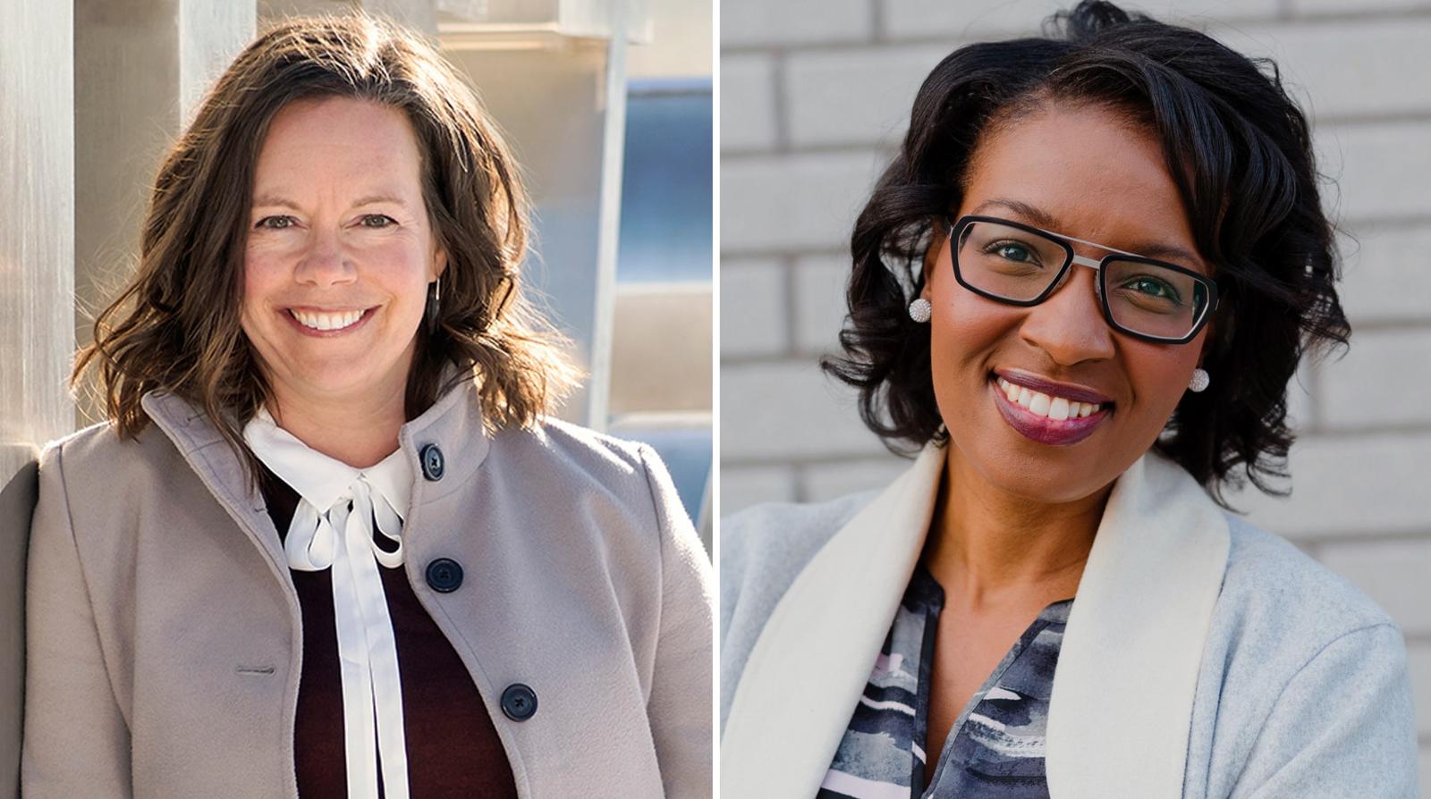 Two side-by-side photos, one individual standing outside in front of a large sign, one in front of a brick wall.