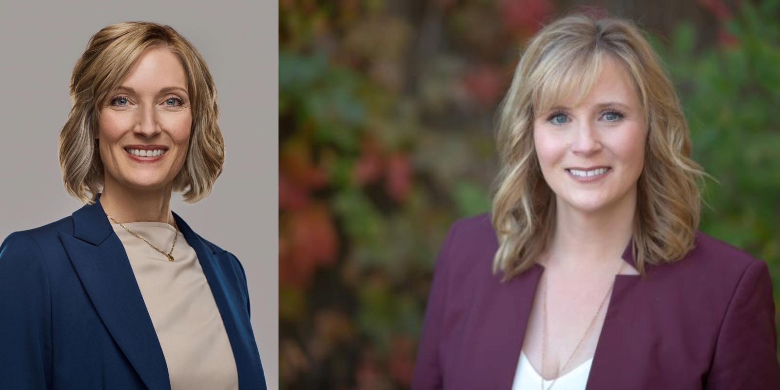 Side by side headshots of two women in professional clothing smiling. 