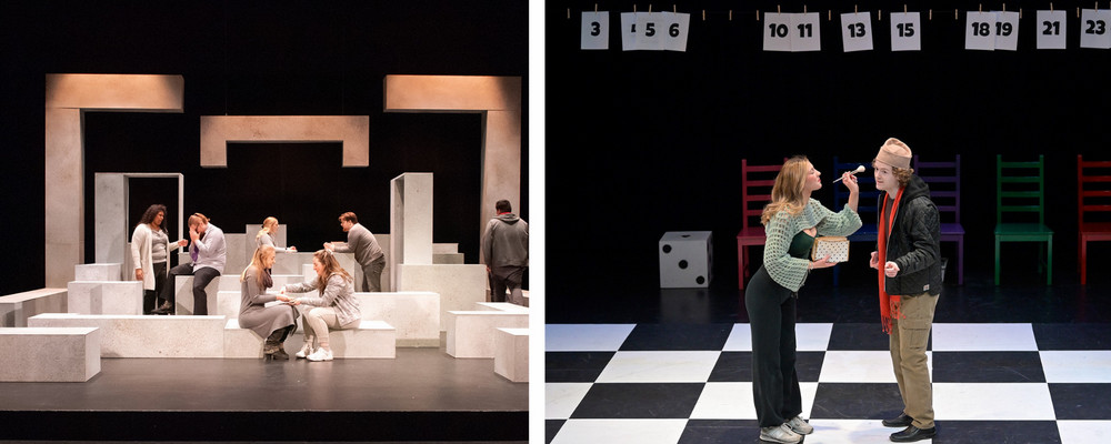 two photos of stages with actors