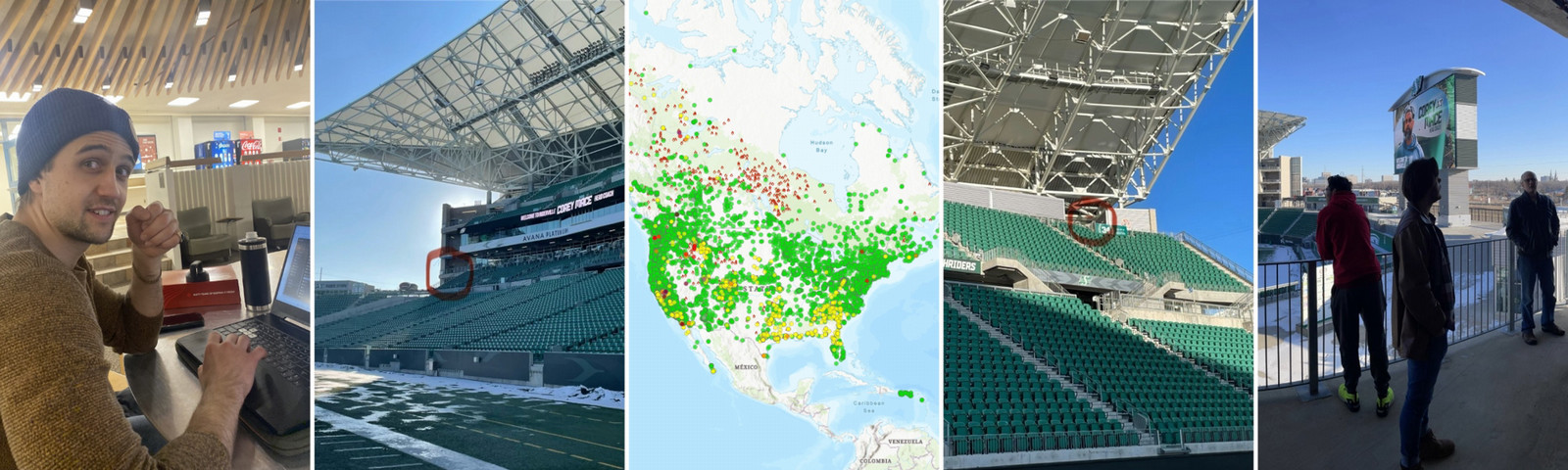a collage of five photos related to the monitoring or air quality in a stadium