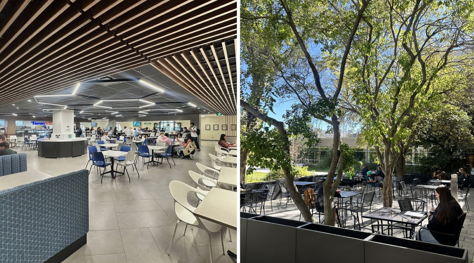 two images, one of a seating area and one of an outdoor patio