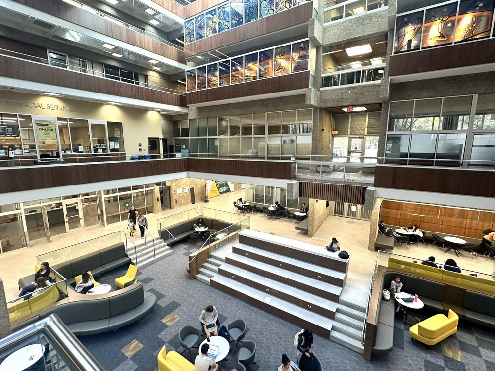 a view looking down at a common seating area
