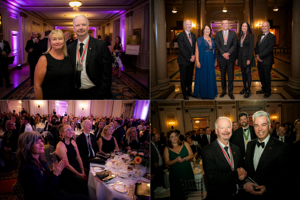 a collage of four photos from an awards ceremony