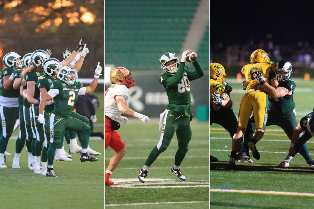 a collage of three images of student athletes playing football