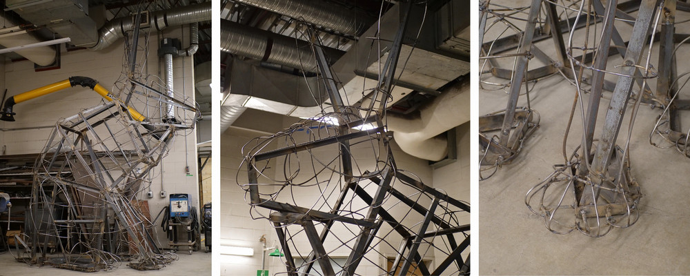 three photos showing the building of the rabbit sculpture's supporting frame