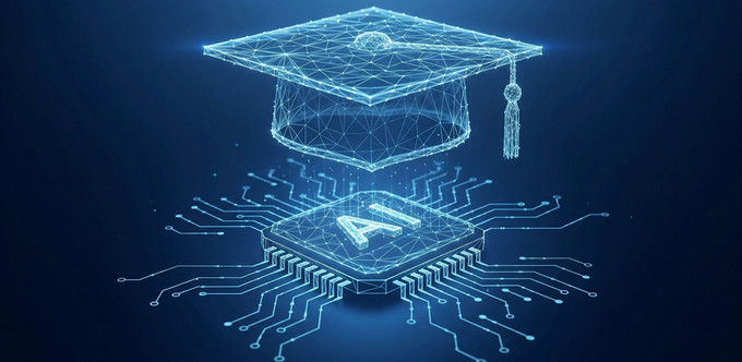 a graphic depicting a graduation cap and it references artificial intelligence