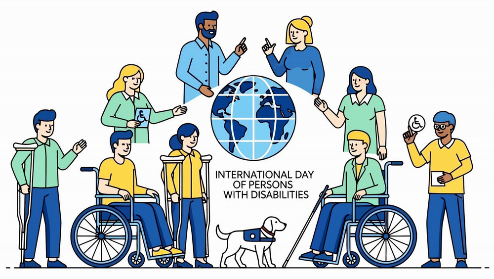 A colorful illustration celebrating the “International Day of Persons with Disabilities” which is observed on December 3 each year. It features a diverse group of people, including individuals using wheelchairs, crutches, and a guide dog, gathered around a globe.